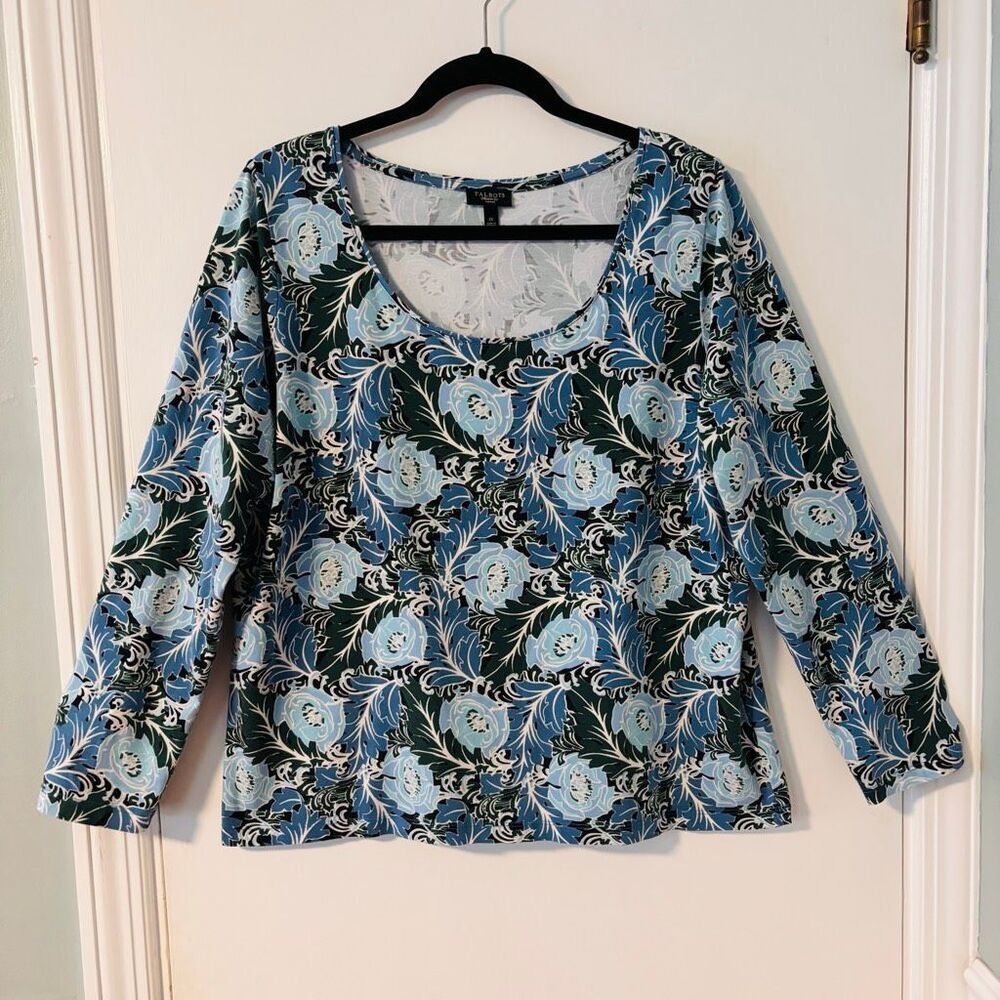 TALBOTS Woman 1X scoop neck blue & green botanical print soft cotton modal spand